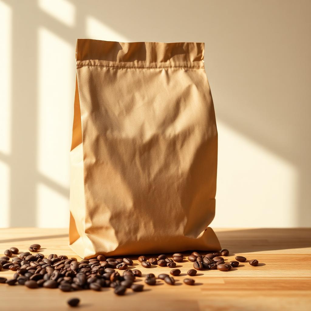 Kraft bag of Coftea coffee beans with roasted beans scattered on a wooden table