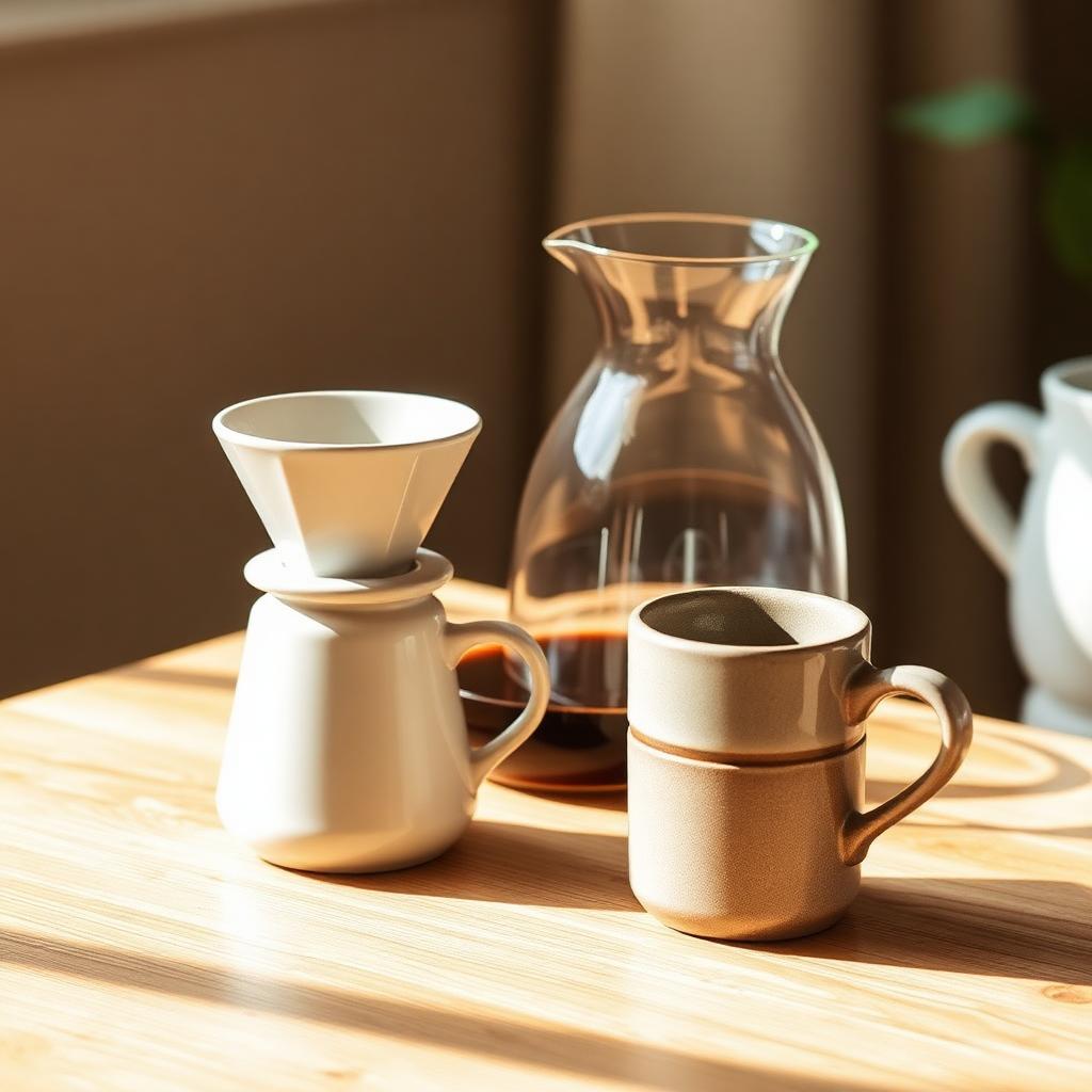 Ceramic pour-over dripper, glass carafe and stoneware mug on a wooden table
