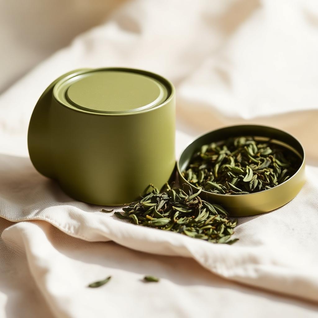 Olive-green tea tin open with loose green tea leaves on linen